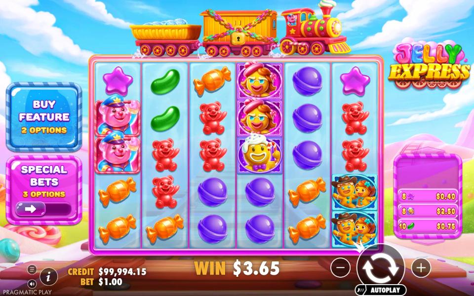 Jelly Express 6x5 scatter-pays grid paying a group of red gummy bears and candies, with the gingerbread train running above the reels