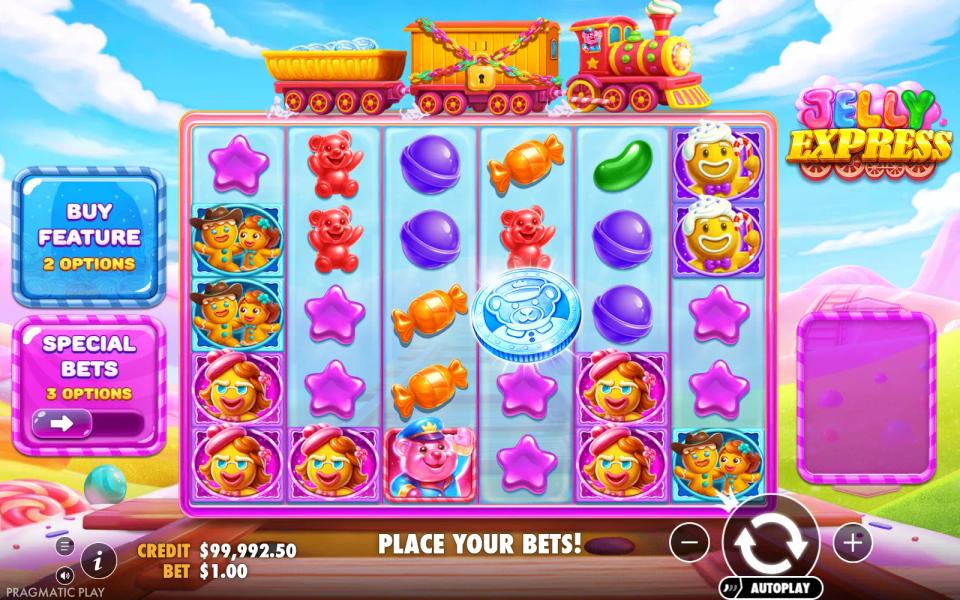 Jelly Express 6x5 grid with a single bear-coin scatter dropping onto the fourth reel and no winning group on the board