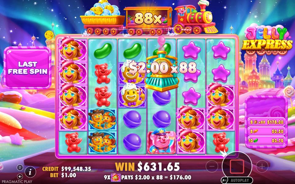 Jelly Express Super Free Spins paying a small symbol group multiplied by a total multiplier of 88x on the last spin of the round