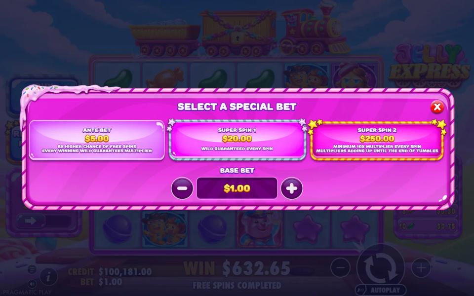 Jelly Express special bets menu offering Ante Bet at $5.00, Super Spin 1 at $20.00 and Super Spin 2 at $250.00 above a $1.00 base bet