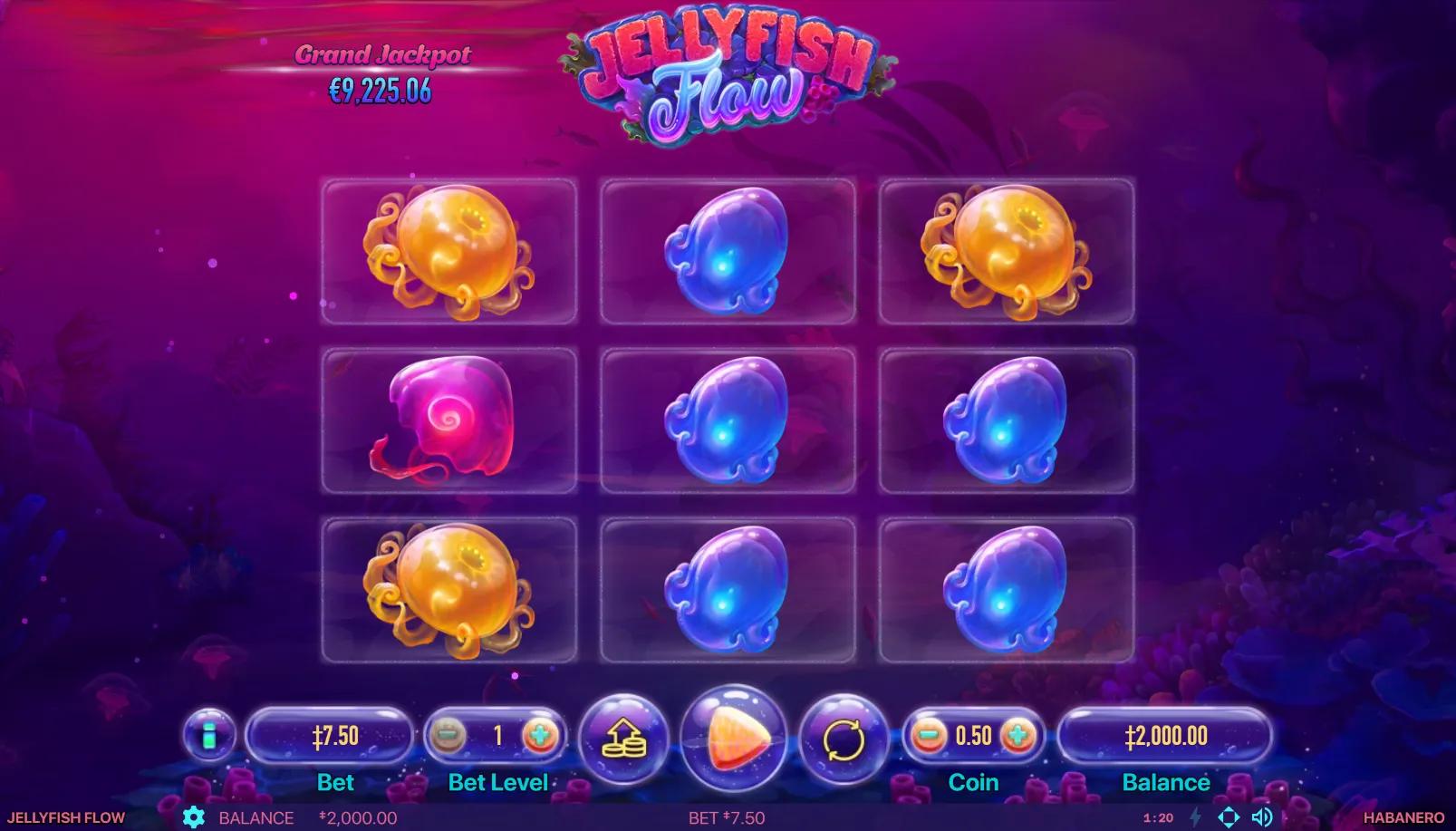 Jellyfish Flow slot showing 3x3 expanding grid with glowing jellyfish, octopus and nautilus on magenta underwater glow