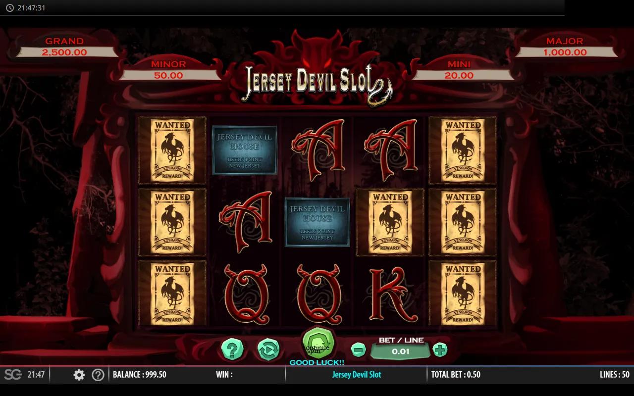 Jersey Devil slot showing 5x3 reels with the winged cryptid wild in a moonlit Pine Barrens forest