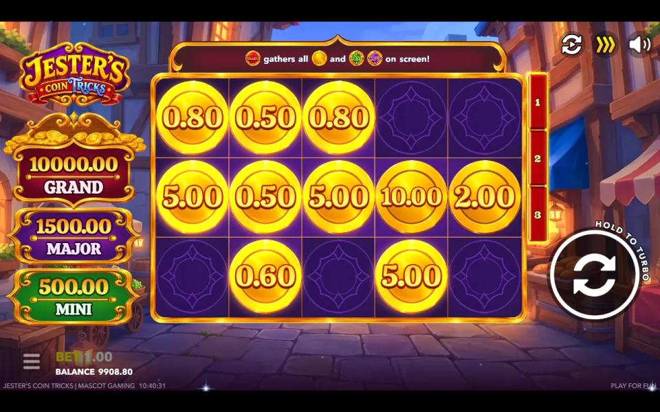 Jester's Coin Tricks Hold and Win bonus: gold cash coins locked on a 5x3 grid of purple frames, with the Grand, Major and Mini jackpot panel on the left and the 1-2-3 respin counter on the right