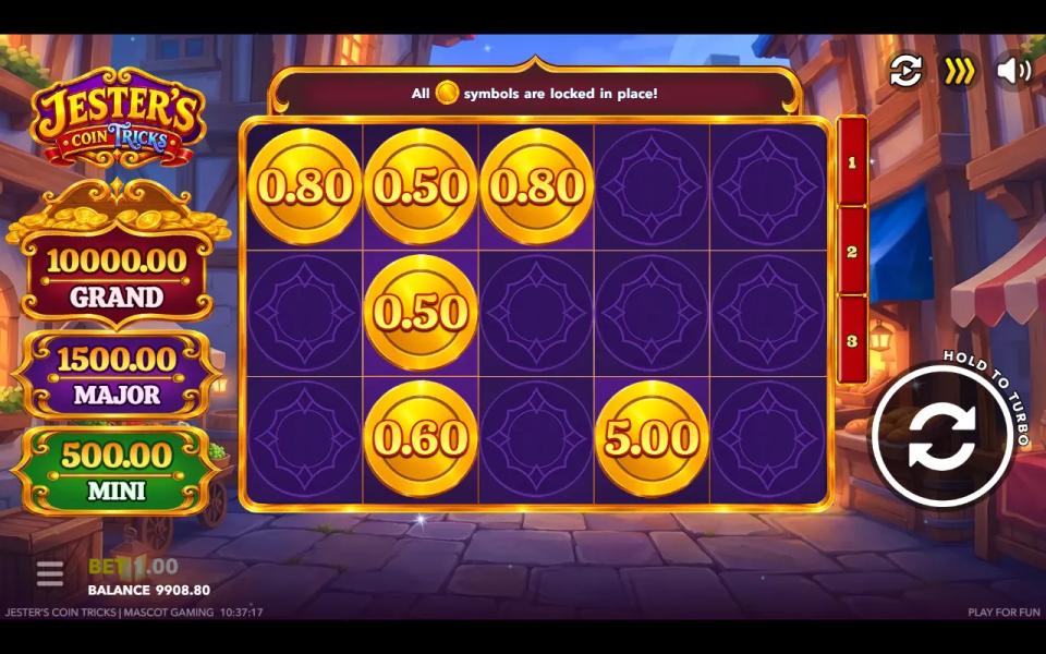 Start of the Hold and Win bonus in Jester's Coin Tricks: six small cash coins locked in place on an otherwise empty 5x3 grid, banner reading All coin symbols are locked in place