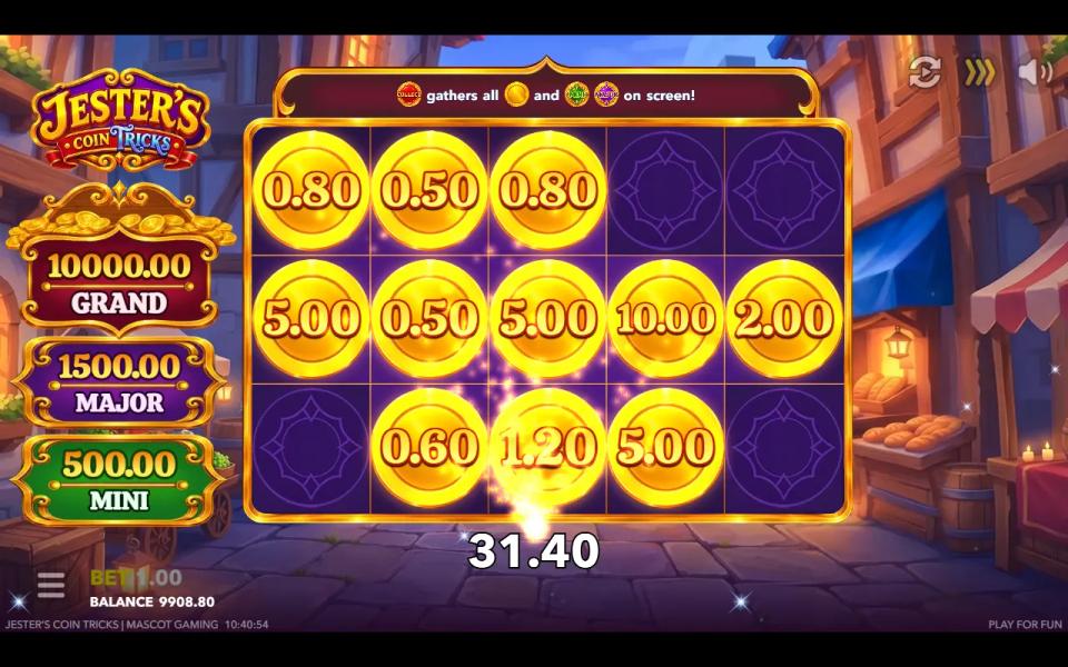 End of a Jester's Coin Tricks bonus round with eleven cash coins held and four empty frames left on the 5x3 grid