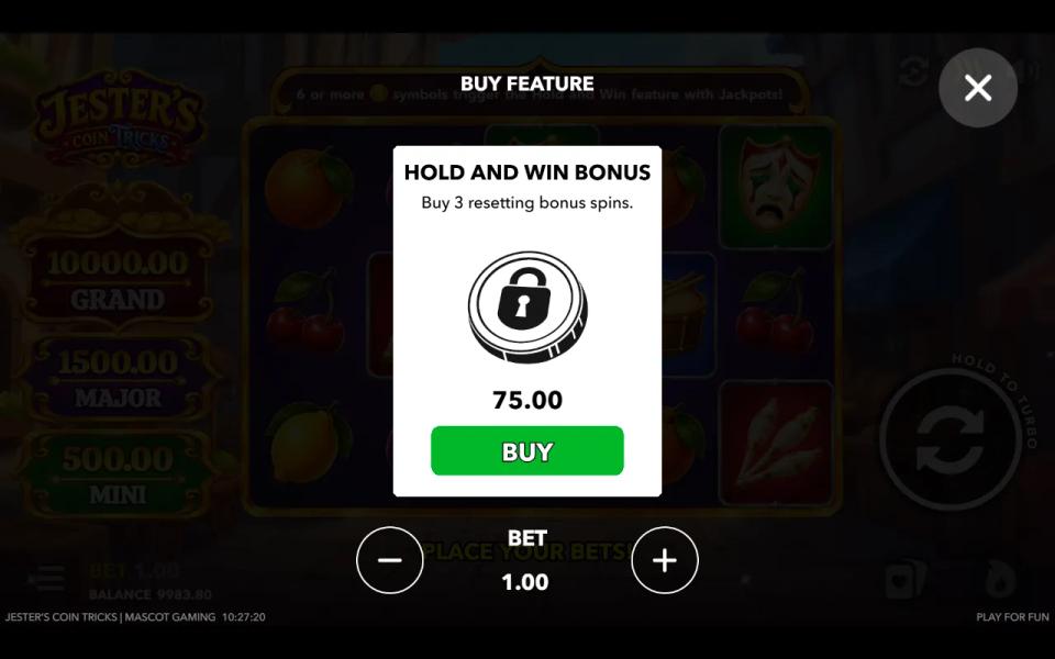 Jester's Coin Tricks Buy Feature panel offering the Hold and Win Bonus, three resetting bonus spins, for 75.00 at a 1.00 bet
