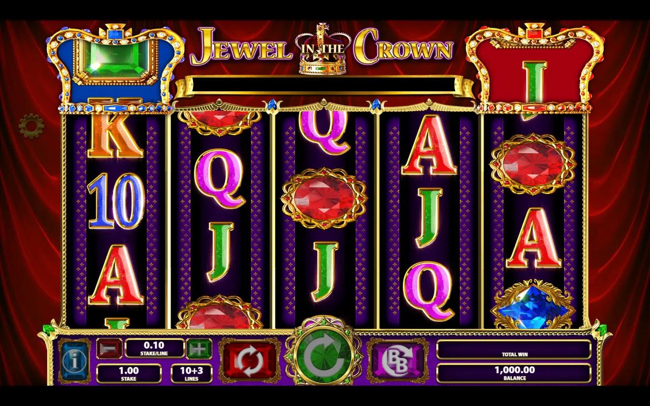 Jewel in the Crown 4-3-3-3-4 reels with blue and red royal crowns above reels 1 and 5, gem and royal symbols in play