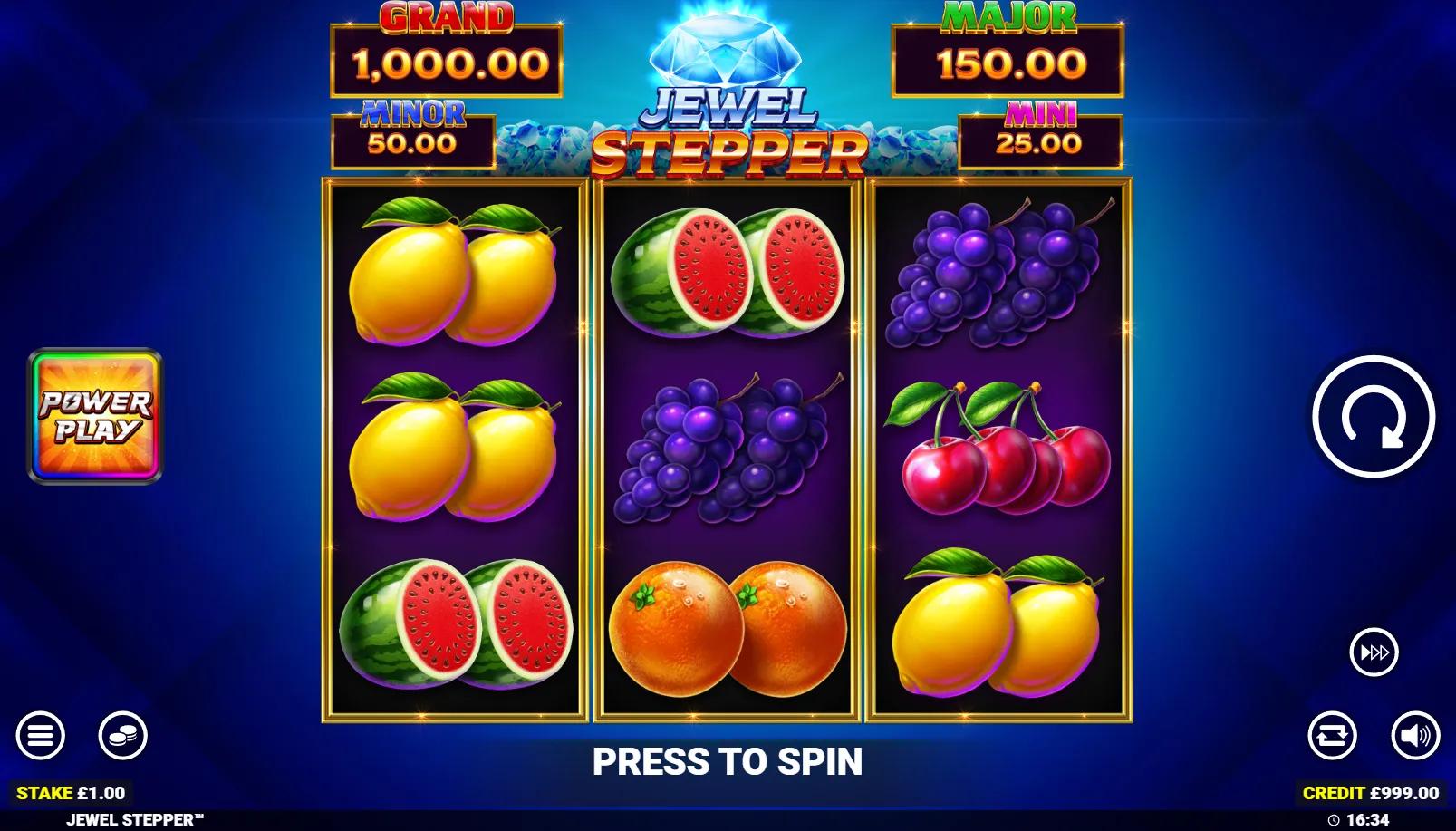 Jewel Stepper slot showing 3x3 fruit grid with Cash Collect on reel 2 and 4-tier cashpot panel