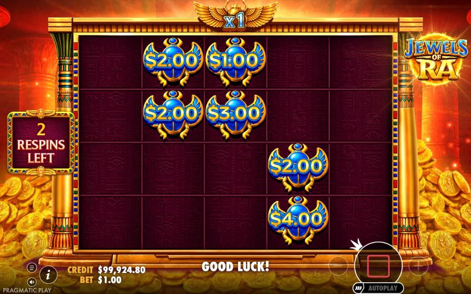Jewels of Ra respin round: blue scarab Money symbols on a dark red 5x4 grid, the general multiplier at x1 above the reels and the respin counter on the left