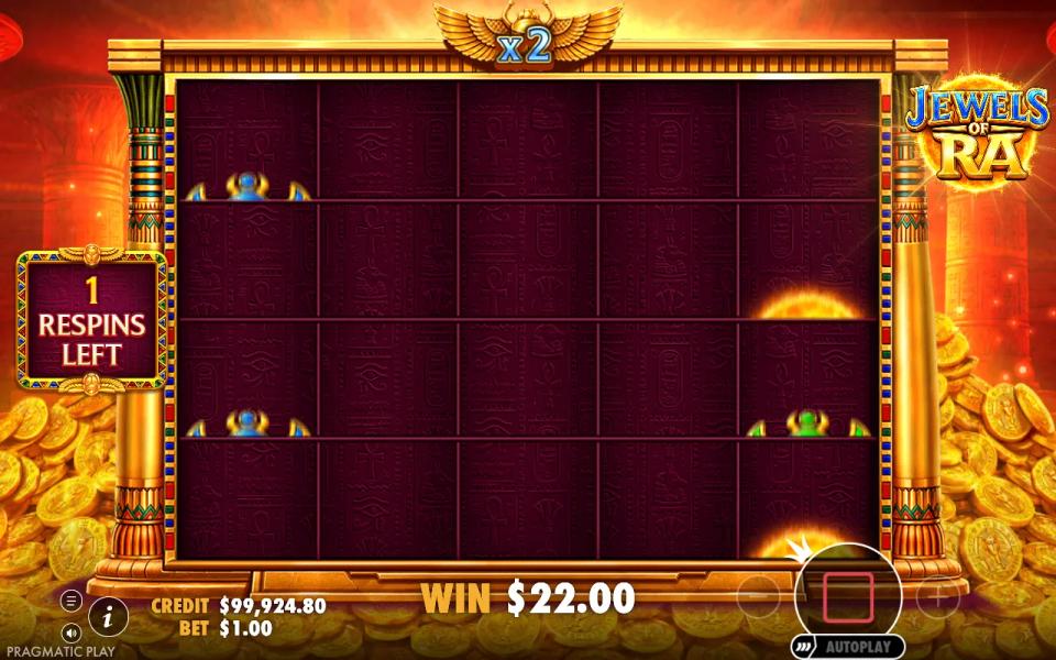 Jewels of Ra respin board emptied after a Collect symbol paid out, the multiplier above the reels now at x2