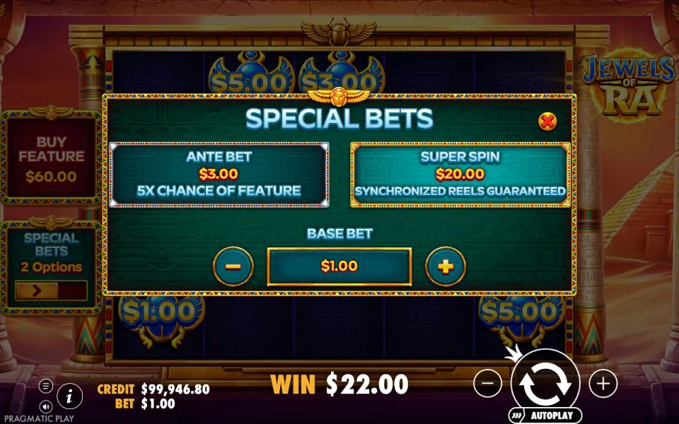 Jewels of Ra Special Bets menu offering the Ante Bet at 3x and the Super Spin at 20x the base bet