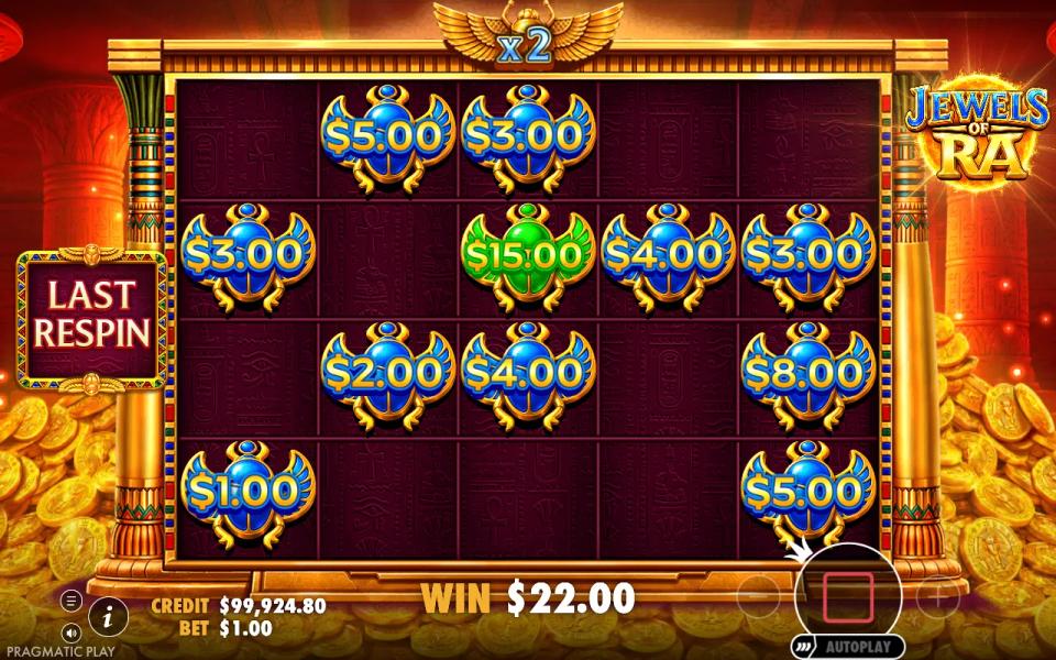 Jewels of Ra last respin with eleven scarab Money symbols on the grid under a x2 multiplier and no Collect symbol