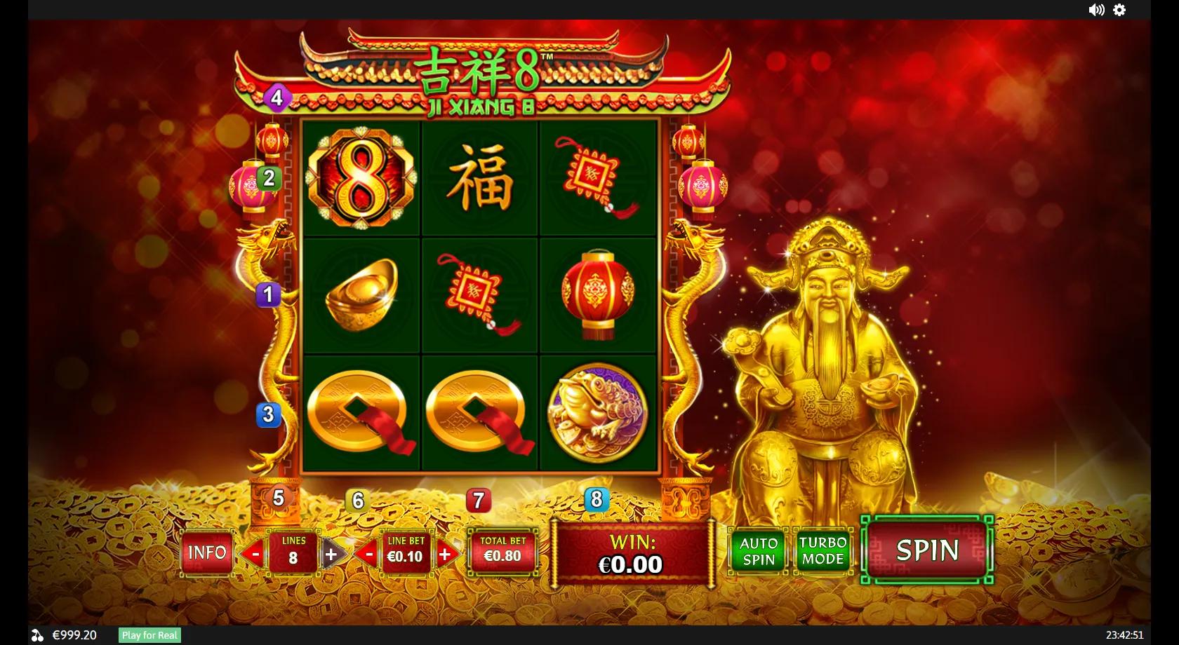 Ji Xiang 8 3x3 Chinese-prosperity grid with a red lucky 8, a fu character, a golden lion and gold coins beside the God of Wealth