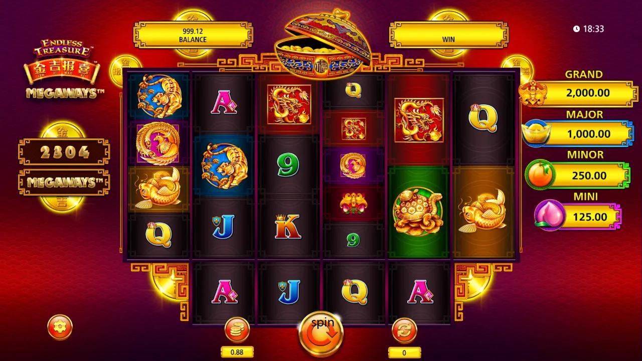 Jin Ji Bao Xi Endless Treasure Megaways gameplay showing 6-reel Megaways grid with gold animals and the Coin Pot