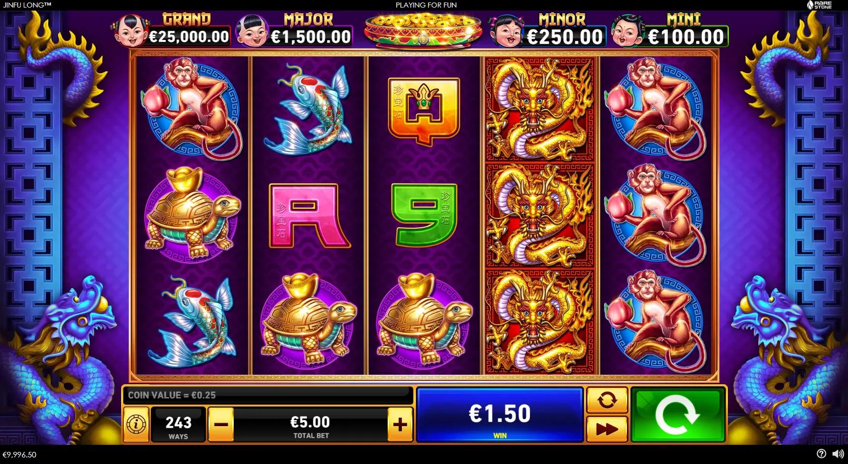 Jinfu Long gameplay showing a 5x3 243-ways Chinese reel set with a golden dragon, tiger, money turtle and four jackpots