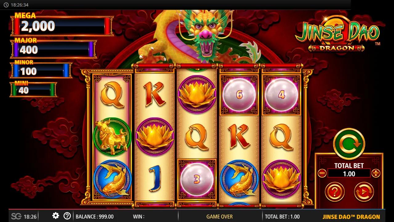 Jinse Dao Dragon slot gameplay showing 5x3 243-ways grid with Glowing Orb prize symbols and golden dragon