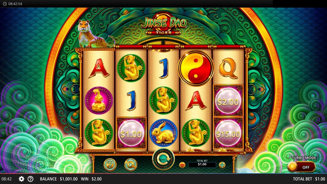Jinse Dao Tiger slot by Light & Wonder, 5x3 reels with golden tiger and Chinese zodiac symbols on green and red panels