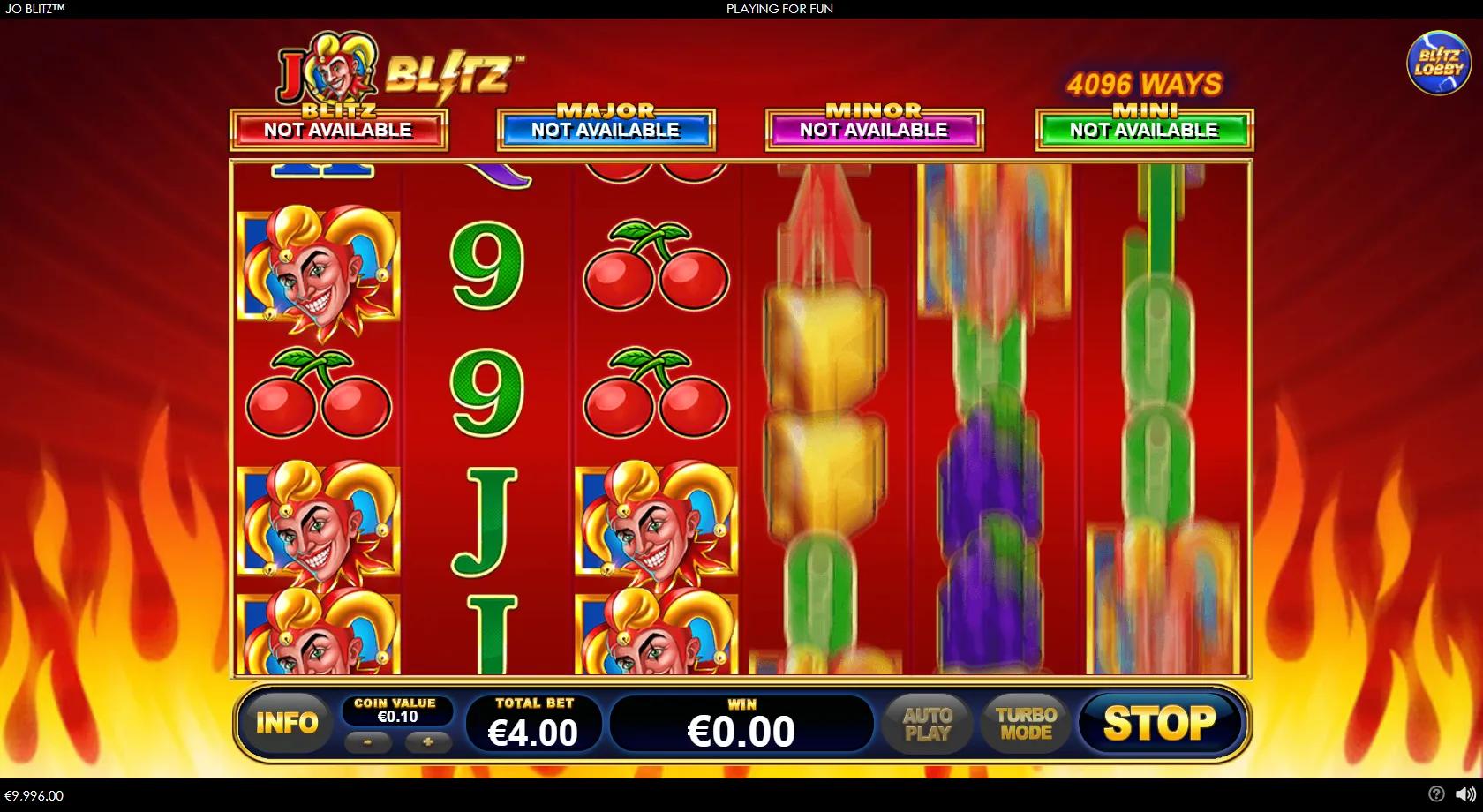 Jo Blitz slot: 6x4 flaming joker grid, 4096 ways, stacked Jokers, diamond Scatter and four progressive jackpots