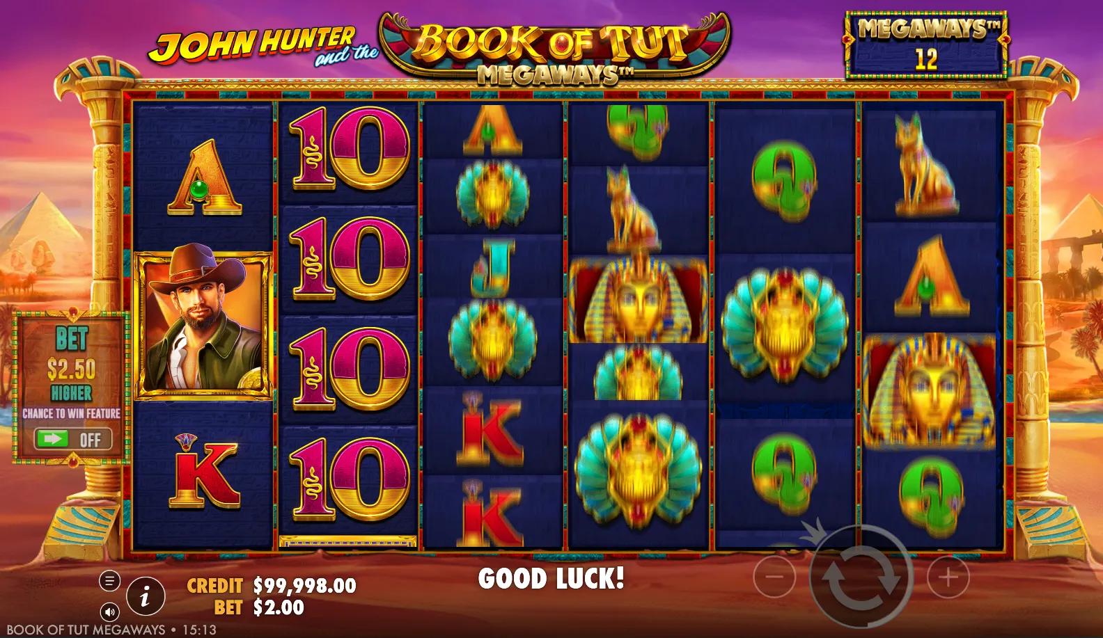 John Hunter and the Book of Tut Megaways reels showing Adventure symbols and Ante Bet