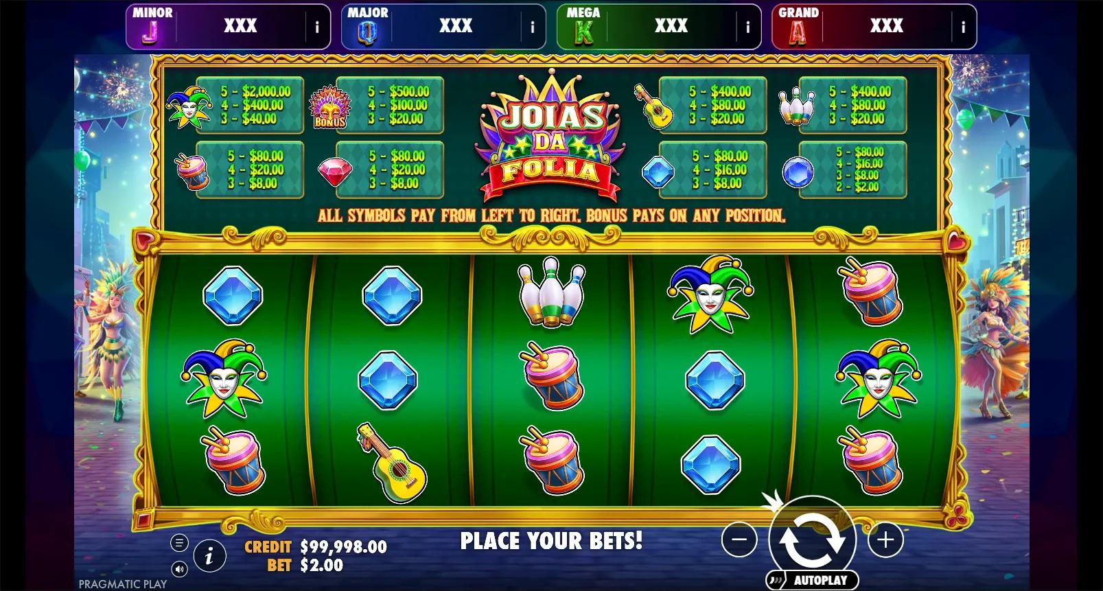 Joias da Folia slot gameplay showing 5x3 reels with joker wild and carnival gems plus MINOR/MAJOR/MEGA/GRAND jackpot meters