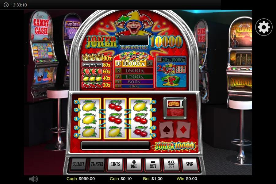 Joker 10000 slot gameplay showing 3x3 fruit reels with lemons and cherries beside the Supermeter and Red/Black gamble cards