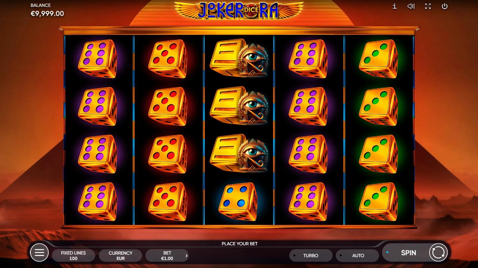 Joker Ra Dice slot gameplay showing 5x4 golden dice reels with Eye of Ra and gem-pip dice against a pyramid backdrop