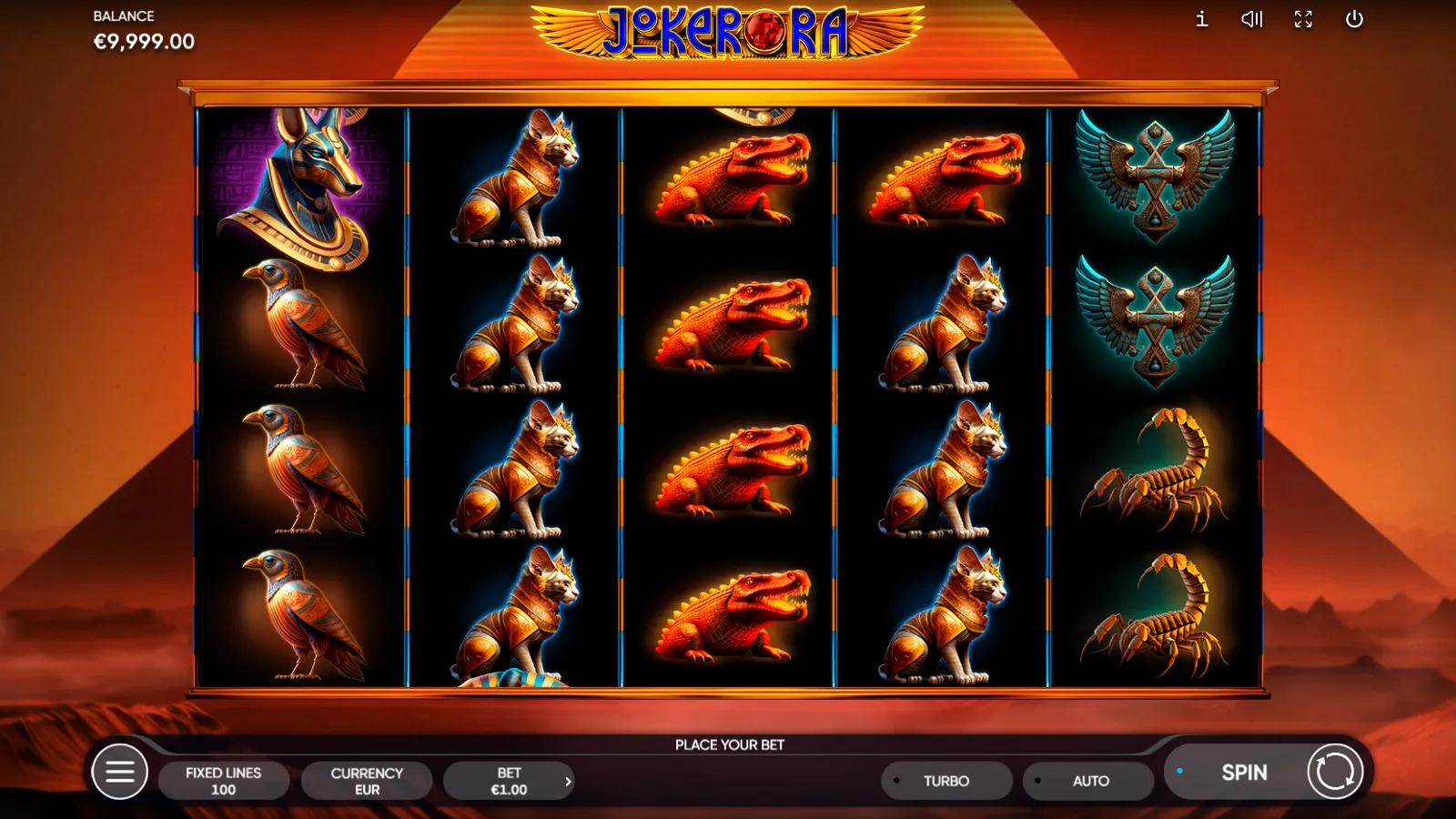 Joker Ra slot gameplay showing 5x4 Egyptian reels with crocodile, Anubis, scarab and Eye of Horus symbols at sunset