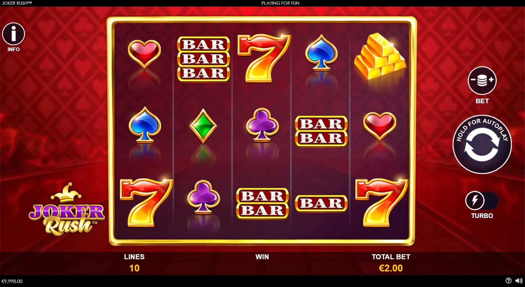 Joker Rush gameplay showing 5x3 red card-table reels with sevens, BAR and gem card-suit symbols