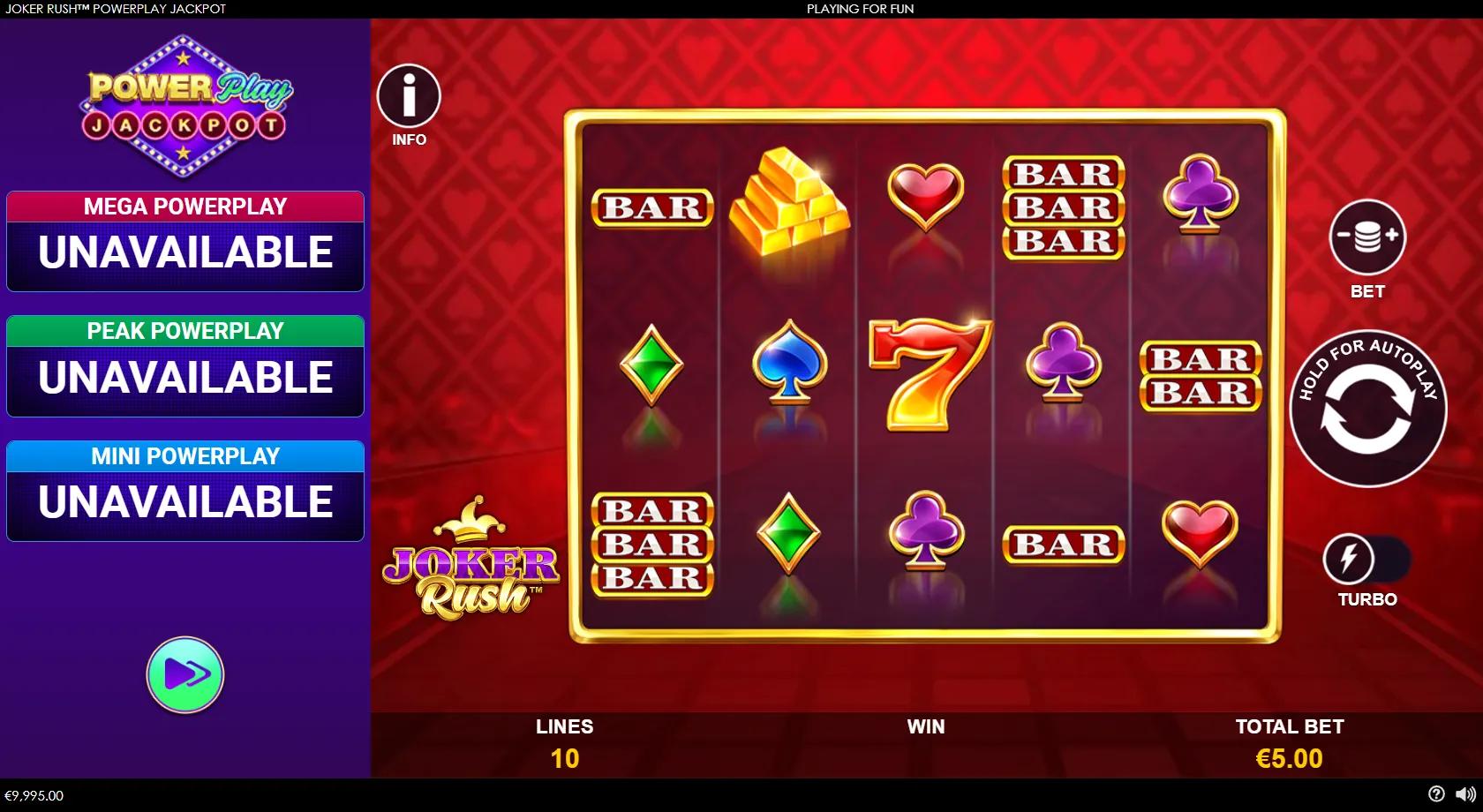 Joker Rush PowerPlay Jackpot gameplay showing 5x3 card-suit and BAR reels with a Joker Wild