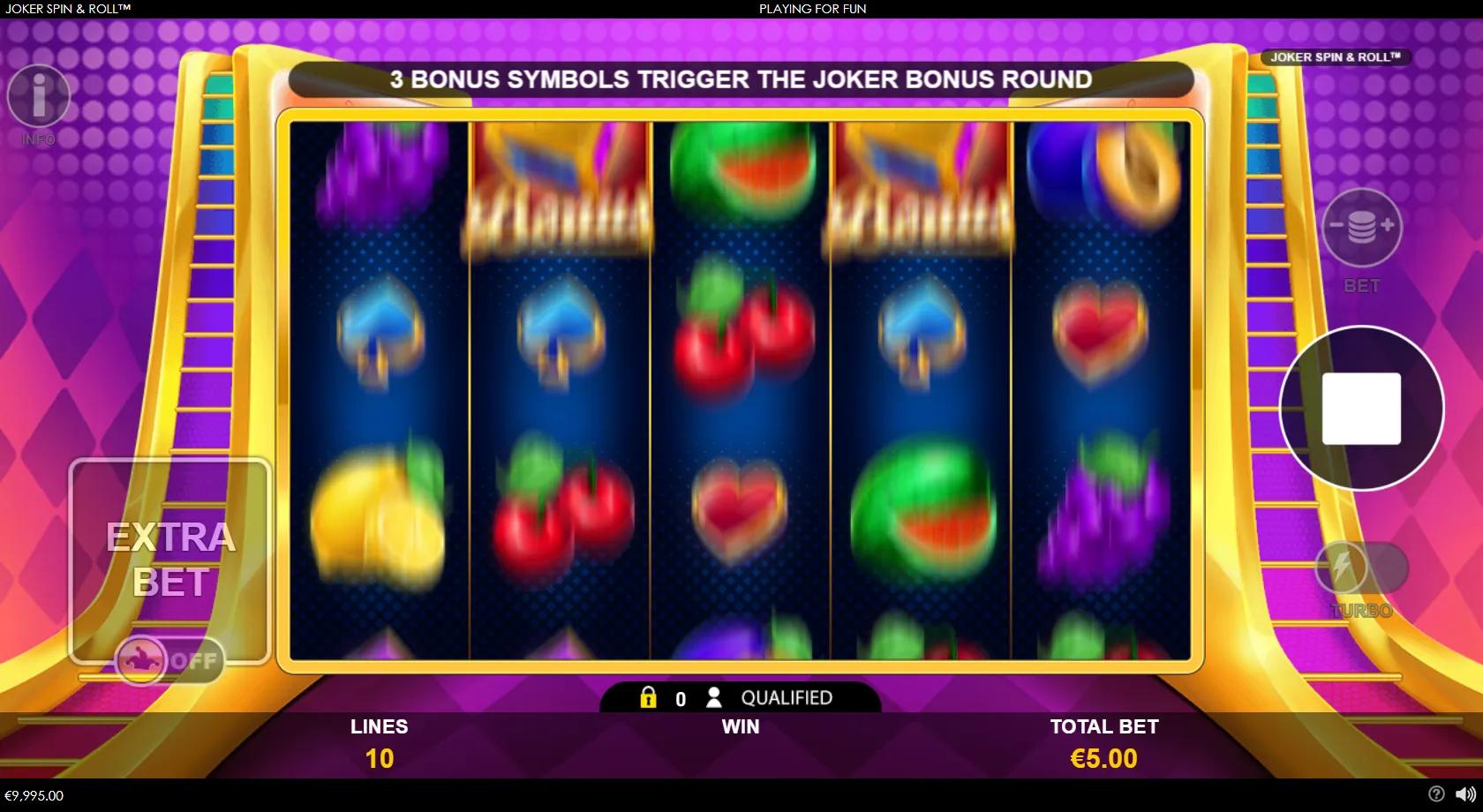 Joker Spin & Roll slot: 5x3 purple joker grid with fruit and card-suit symbols and gold joker dice Bonus wilds