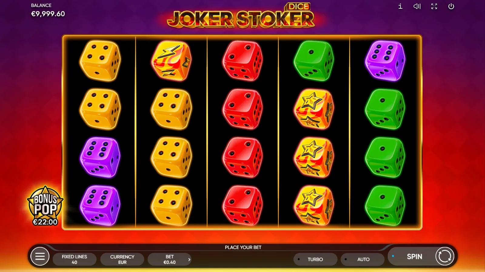 Joker Stoker Dice slot gameplay showing 5x4 reels of fiery dice with flame, star and red-7 symbols