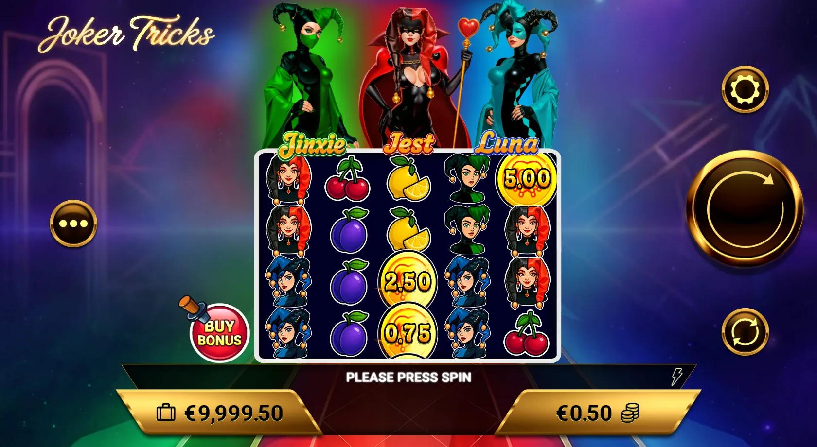Joker Tricks slot gameplay showing 5x4 1024-ways grid with gold COIN money symbols during the Instant Pay collect