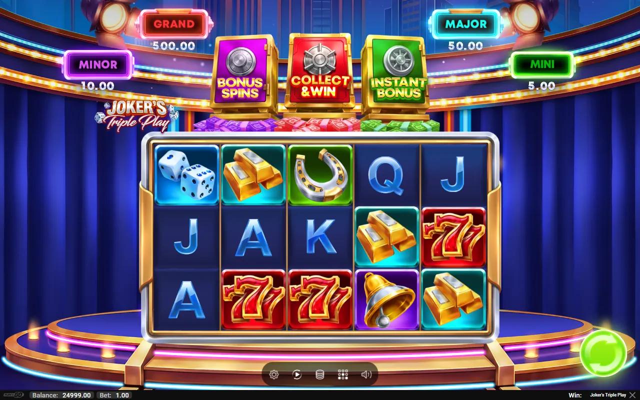 Joker's Triple Play slot 5x3 reels on a game-show stage below the Bonus Spins, Collect and Win and Instant Bonus vaults