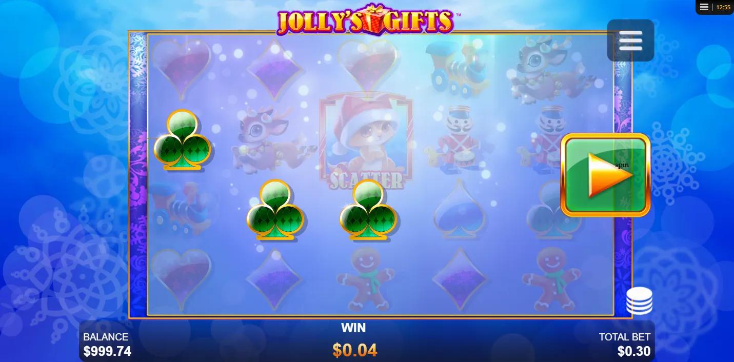 Jolly's Gifts slot gameplay showing 5x3 grid with Santa kitten Scatter and gemstone card suit symbols on a snowy backdrop