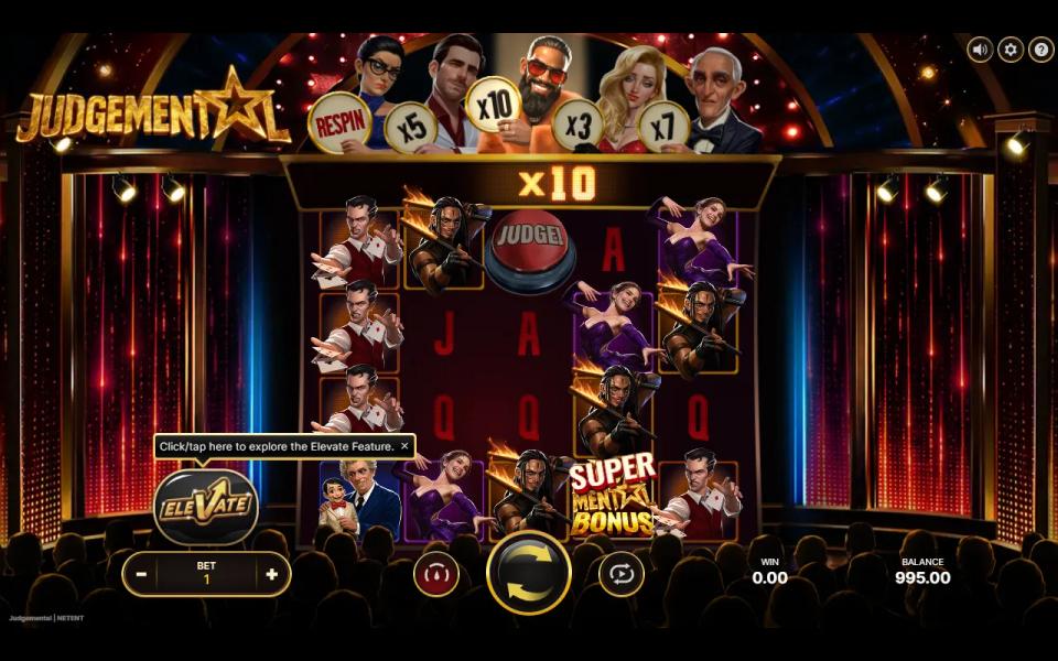Judgemental base game with the x10 judge on reel 3 switched on and no winning way on the reels