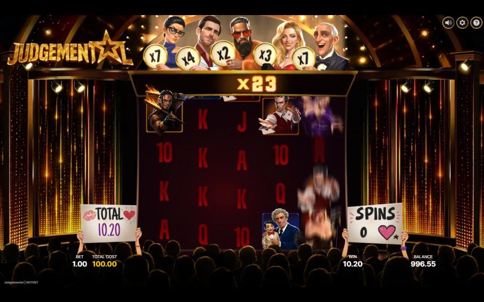 Last spin of Judgemental's bought Free Spins with five active judges adding up to x23