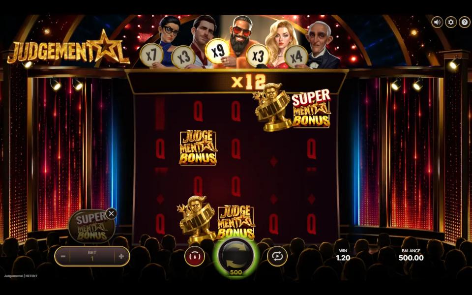 Judgemental Re-Spins on the Super Free Spins buy spin, with Q symbols stuck on all five reels at x12