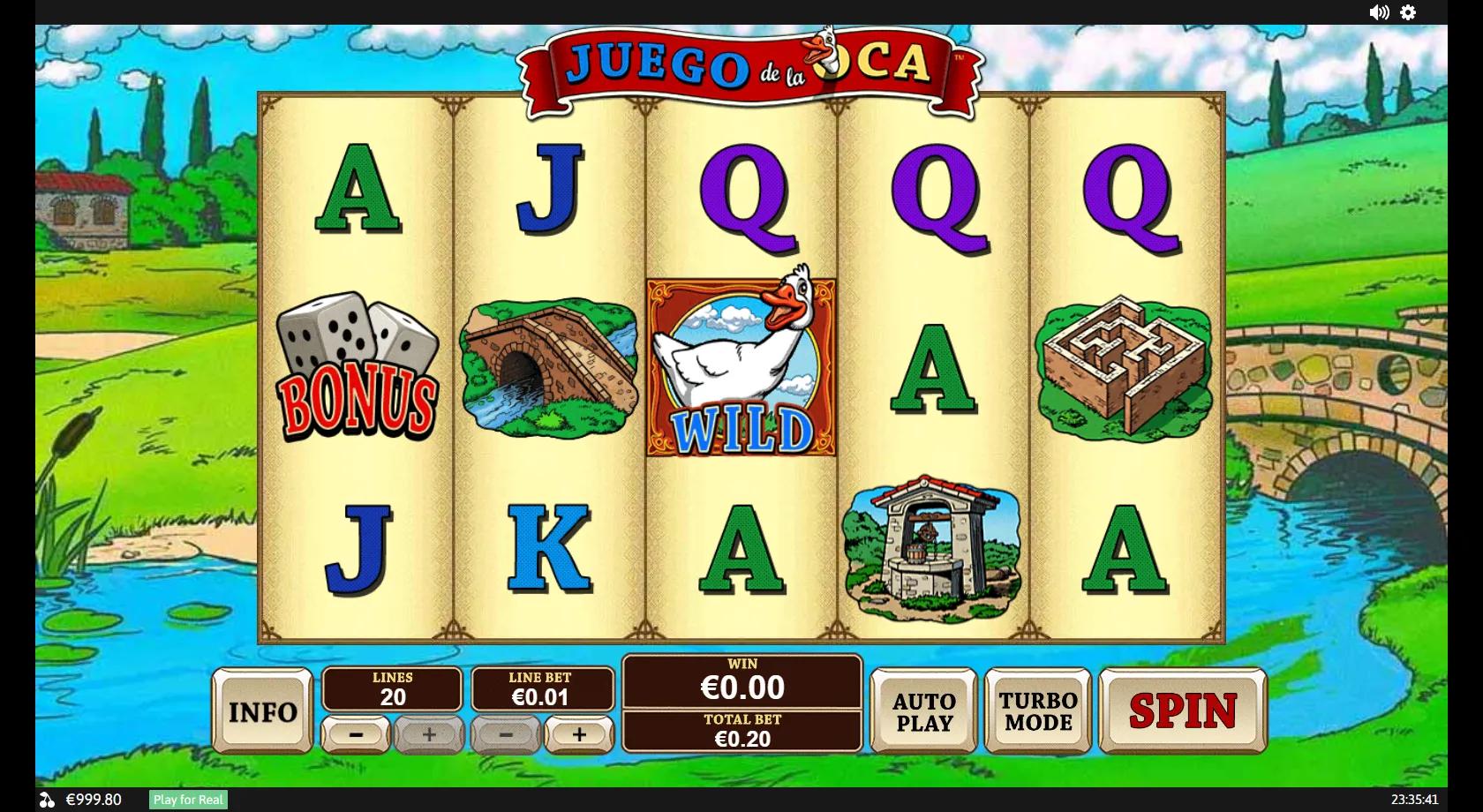Juego de la Oca 5x3 Game-of-the-Goose grid with a goose wild, a posada inn, a well and a maze plus a dice bonus symbol