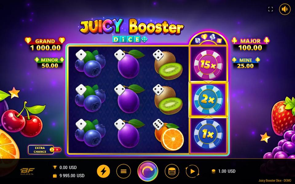 Juicy Booster Dice 3x3 fruit board with blueberries, plums and kiwis, and the Booster Reel beside it showing a 15x chip above a 2x chip in the centre
