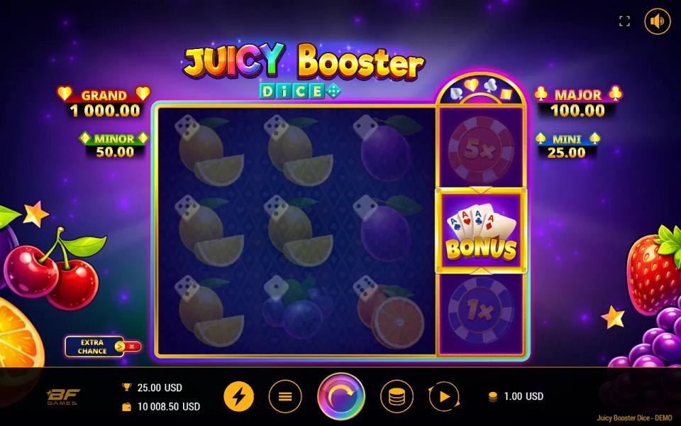 Reward symbol with playing cards and a BONUS label stopped in the centre of the Booster Reel while the fruit board dims behind it