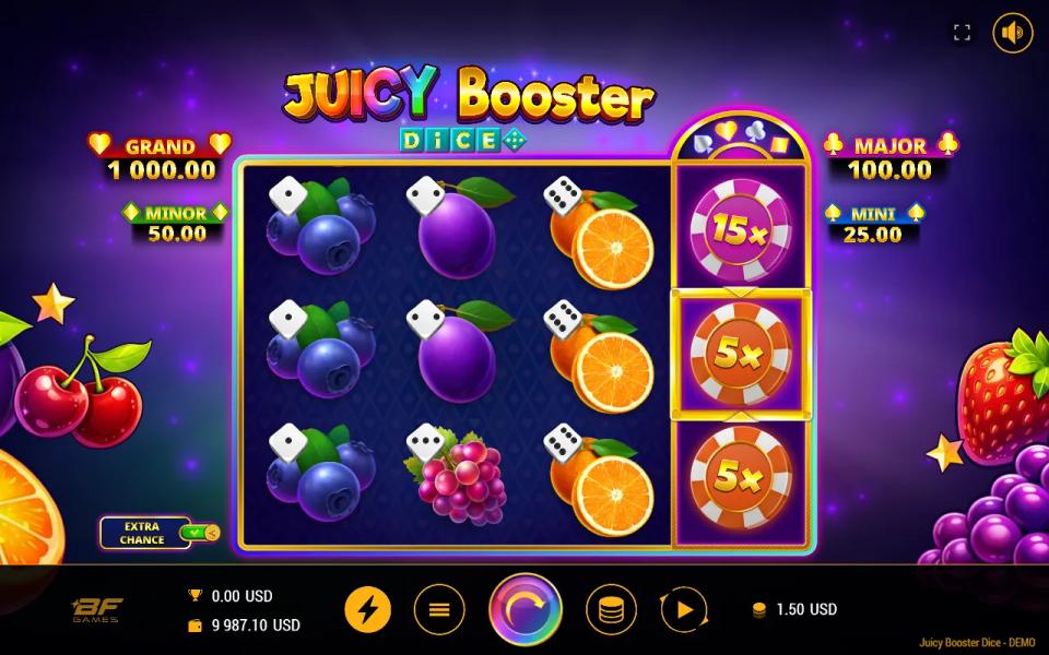 Juicy Booster Dice with Extra Chance switched on at a 1.50 bet, the Booster Reel showing 15x, 5x and 5x with no 1x chip, and no winning line on the board