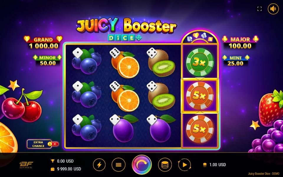 Juicy Booster Dice board with blueberries, oranges, kiwis and plums and a 5x multiplier chip in the centre of the Booster Reel, no line formed