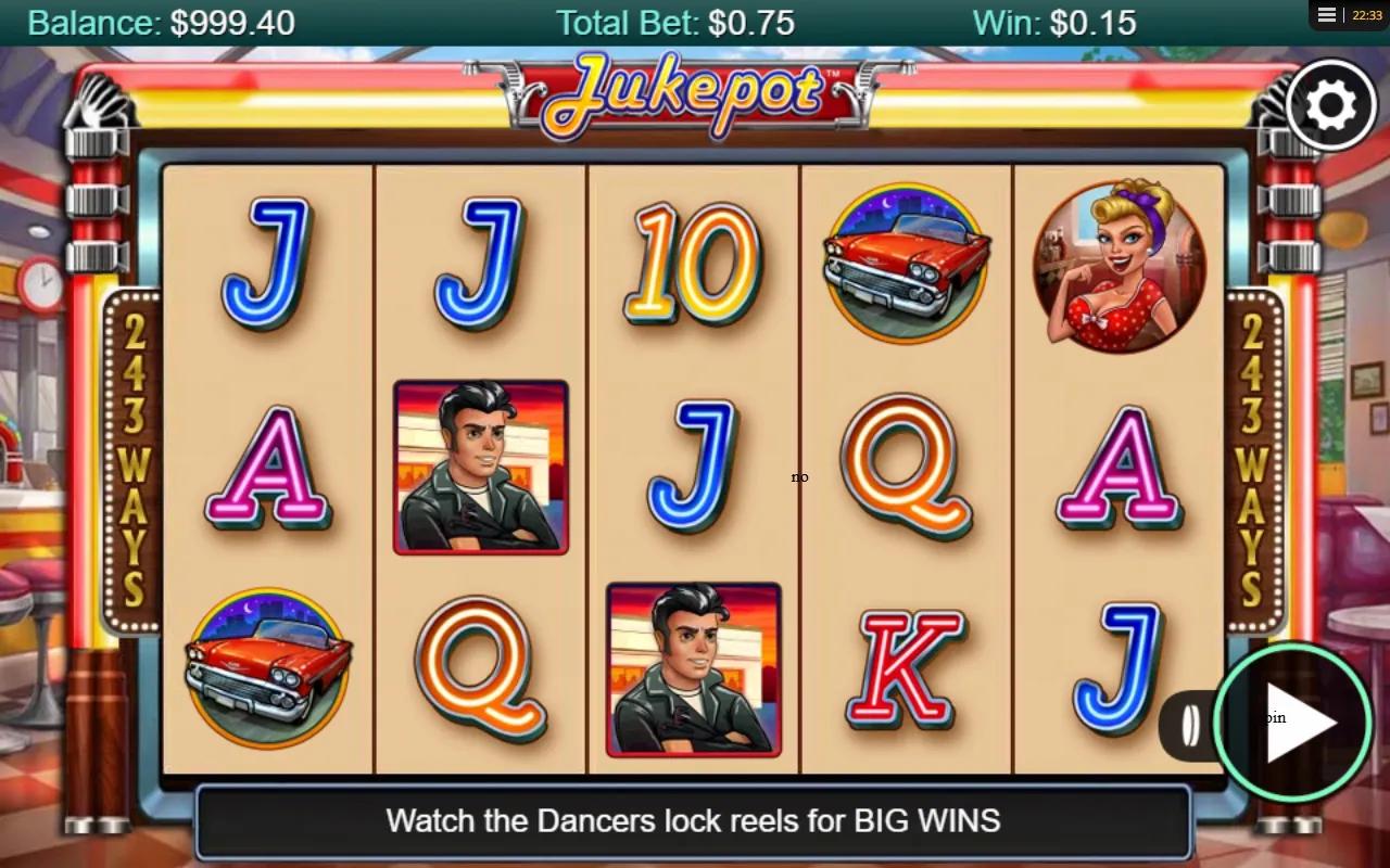 Jukepot slot showing 5x3 reels with a neon jukebox, vinyl records and retro 1950s diner symbols