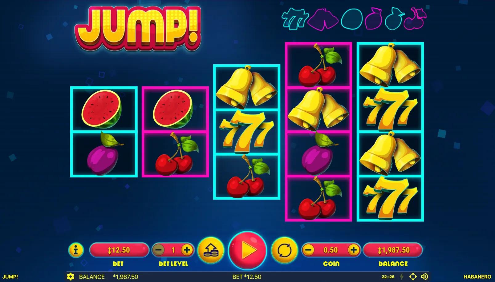 Jump slot showing staggered 5-reel grid with 777, bells, watermelon, plum and cherries on dark blue cosmic field