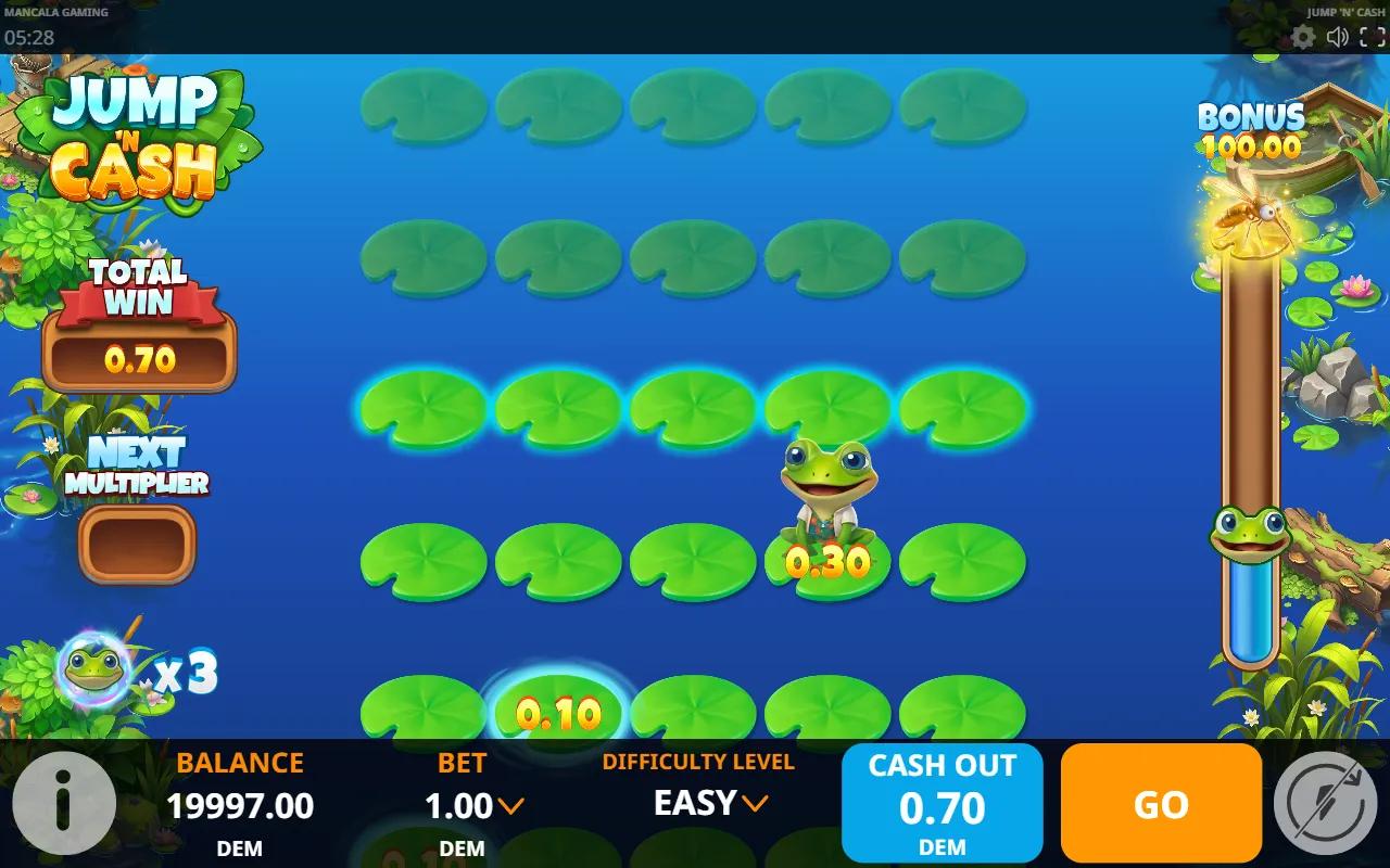 Jump n Cash arcade game showing the frog on a 5-pad lily pond row with 0.30 and 0.10 coin pads and a 0.70 cash out