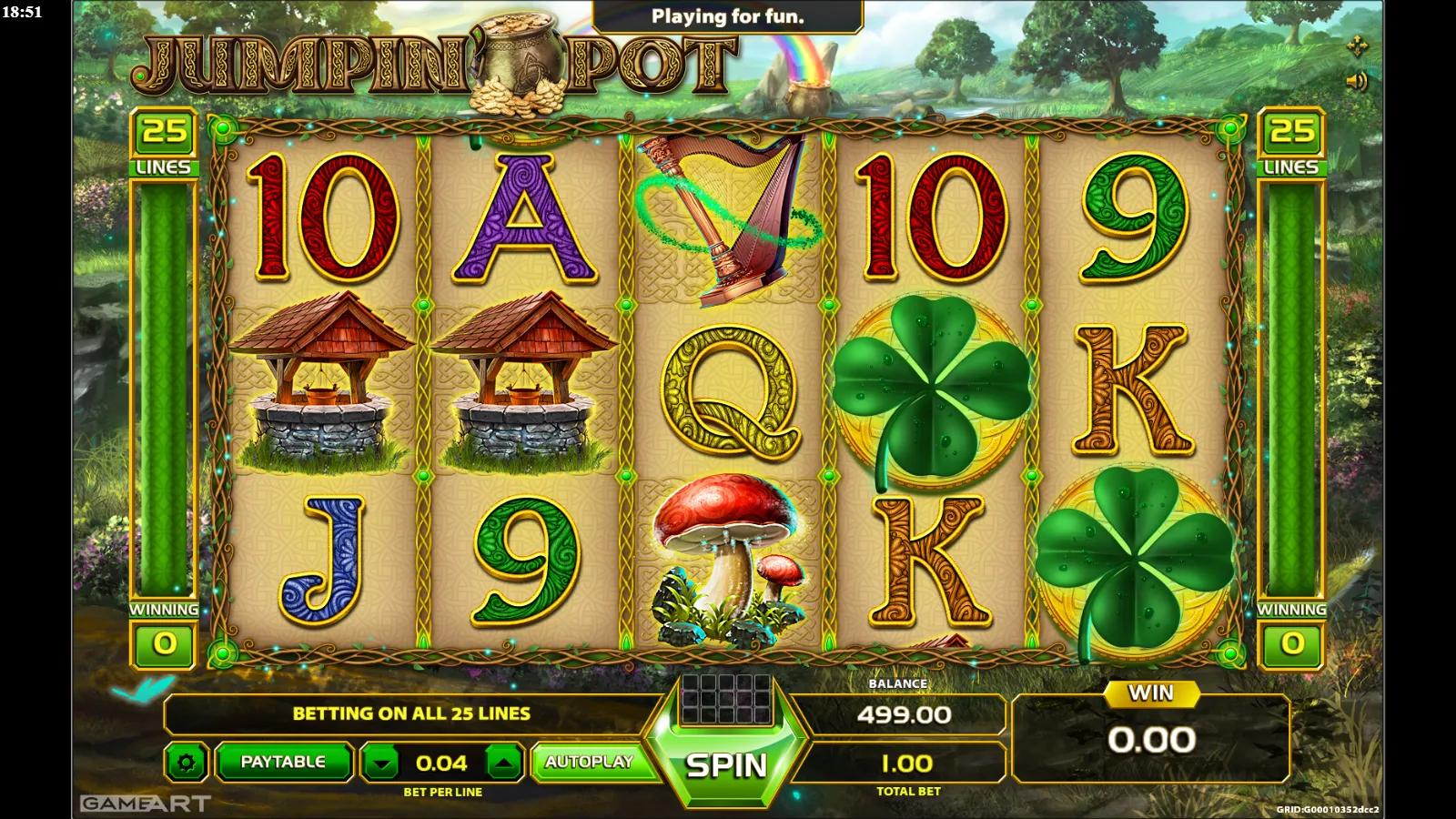 Jumpin' Pot slot gameplay showing the 5x3 Irish meadow grid with a leprechaun, pot of gold, clover and harp symbols