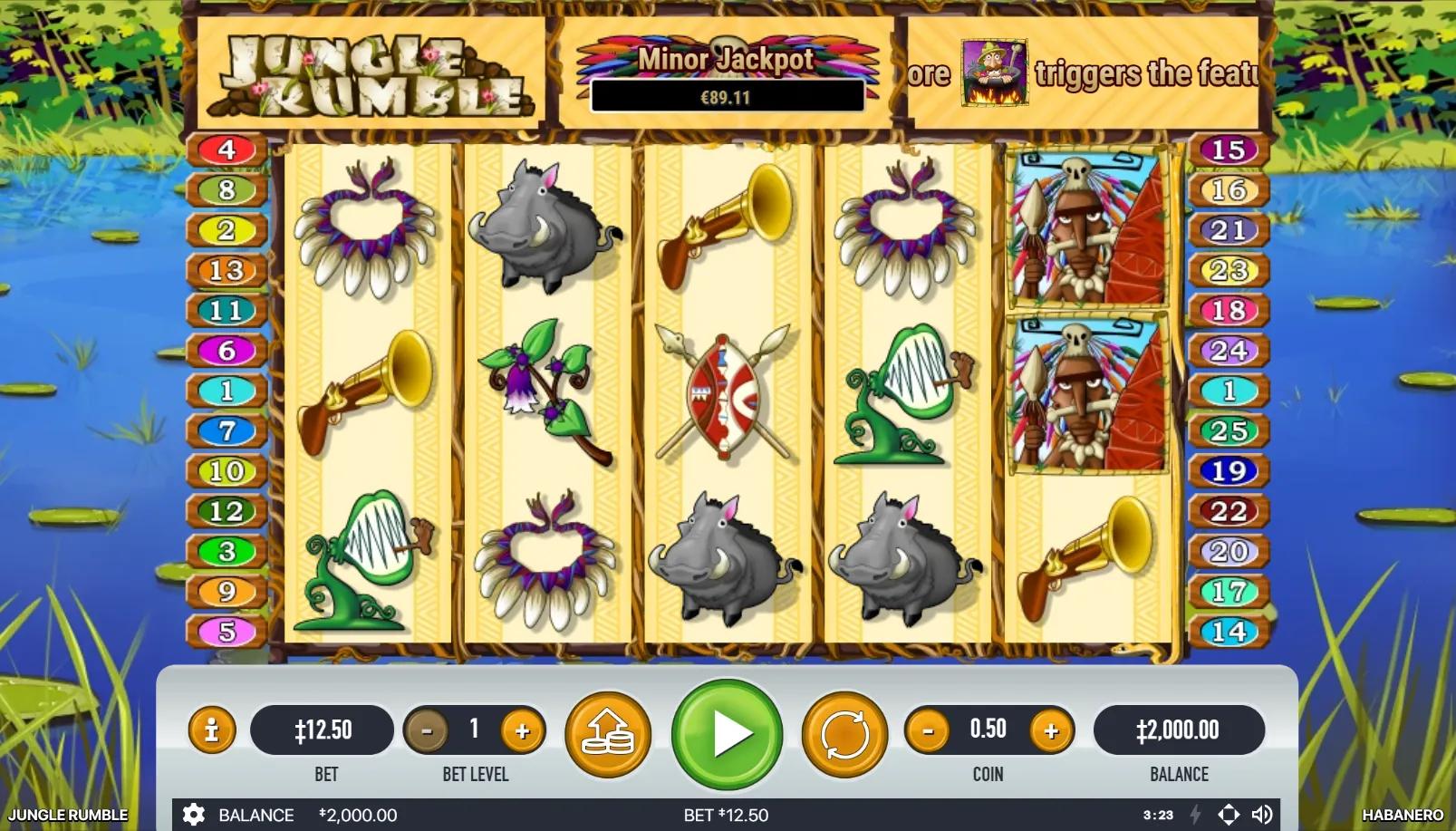 Jungle Rumble slot gameplay showing 5x3 grid with stacked Pygmy Wild warrior on reel 5, warthog and blunderbuss symbols