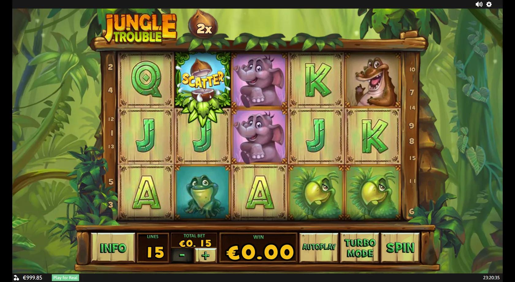 Jungle Trouble 5x3 cartoon-jungle grid with a parrot, elephant, crocodile and frog plus a coconut scatter and multiplier