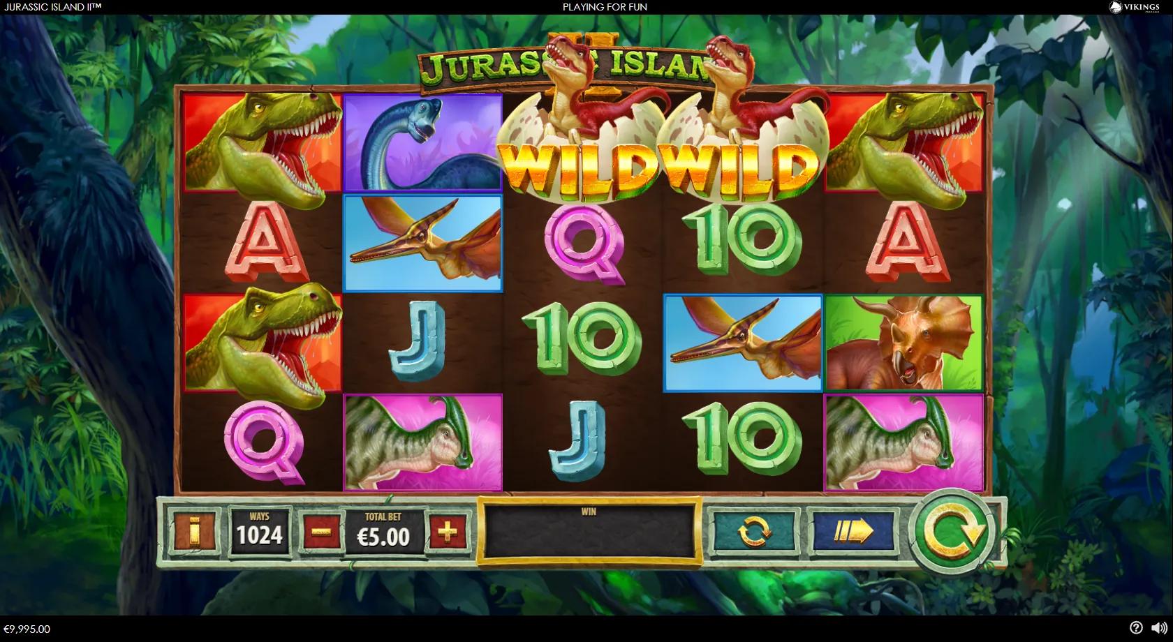 Jurassic Island II 5x4 1024-ways jungle grid with a stacked T-Rex, brontosaurus and triceratops plus a hatching-egg baby-dino wild