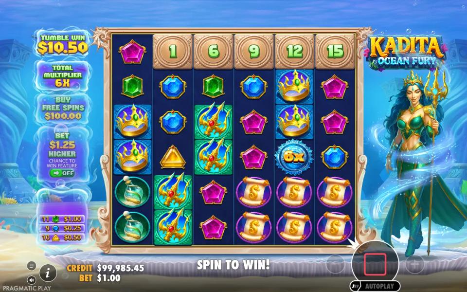Kadita Ocean Fury 6x5 board mid-tumble with a 6x multiplier symbol on reel 5 and the top position above reel 1 open